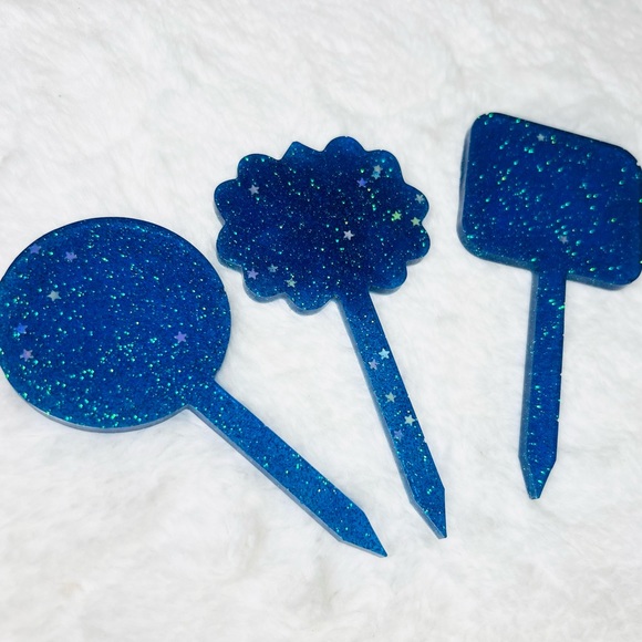 Blue Glitter Plant Markers Set of 3 Hand Crafted Resin Gift Set Cake Toppers - Picture 1 of 7